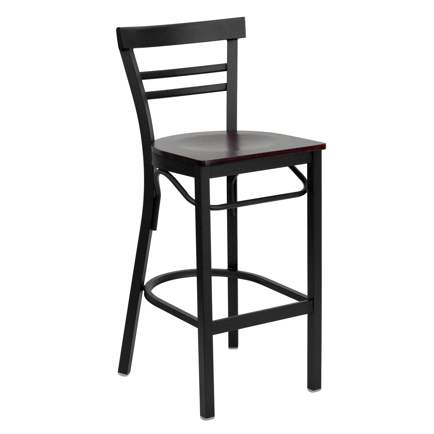 HERCULES Series Black Two-Slat Ladder Back Metal Restaurant Barstool - Mahogany Wood Seat Mahogany Wood Seat/Black Metal Frame