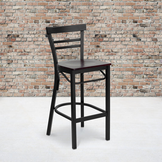 HERCULES Series Black Two-Slat Ladder Back Metal Restaurant Barstool - Mahogany Wood Seat Mahogany Wood Seat/Black Metal Frame