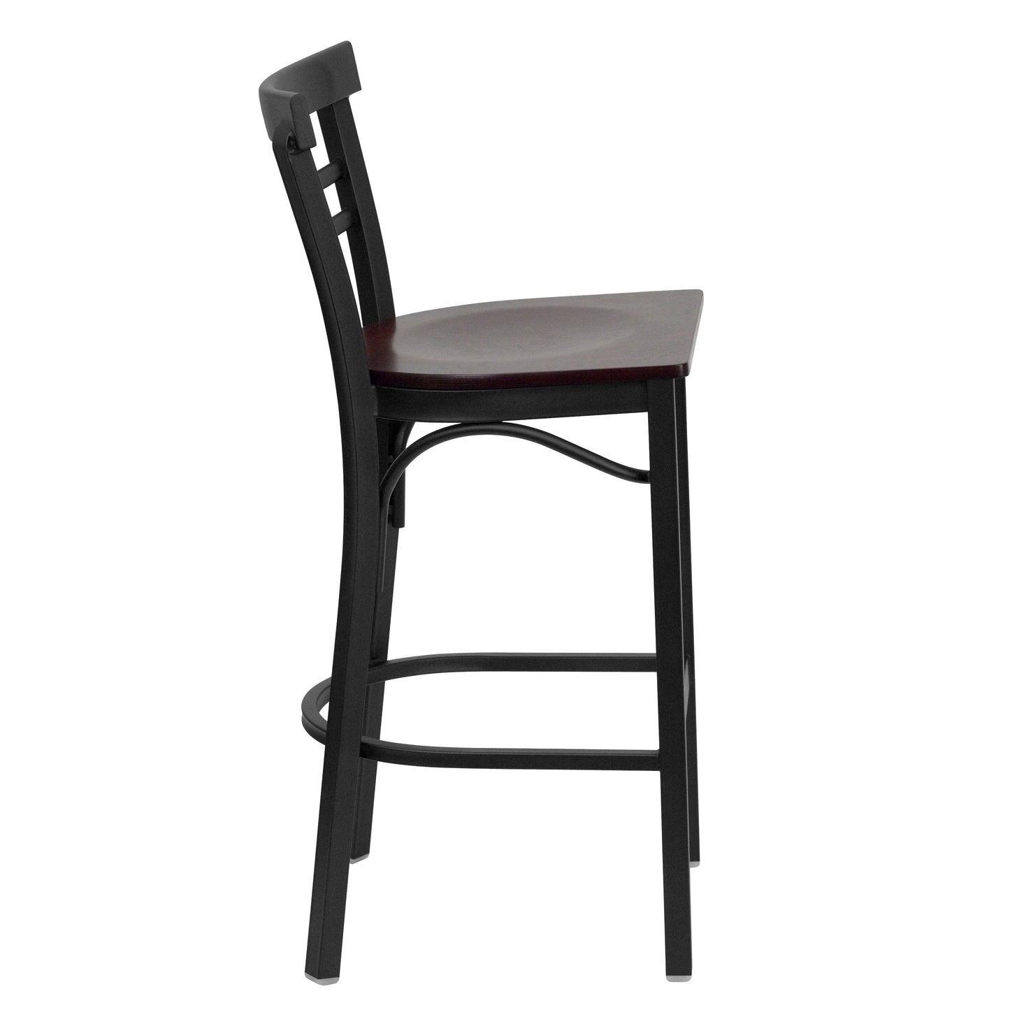 HERCULES Series Black Two-Slat Ladder Back Metal Restaurant Barstool - Mahogany Wood Seat Mahogany Wood Seat/Black Metal Frame