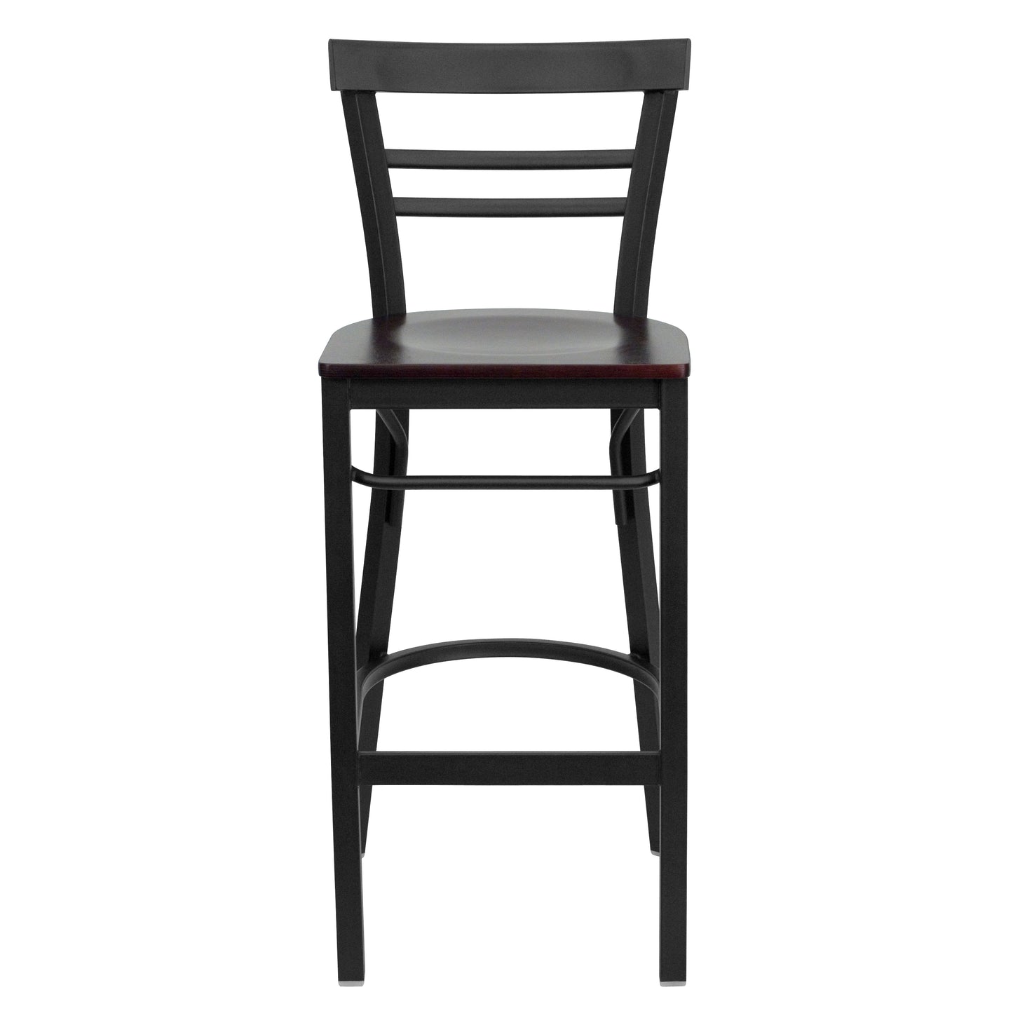 HERCULES Series Black Two-Slat Ladder Back Metal Restaurant Barstool - Mahogany Wood Seat Mahogany Wood Seat/Black Metal Frame