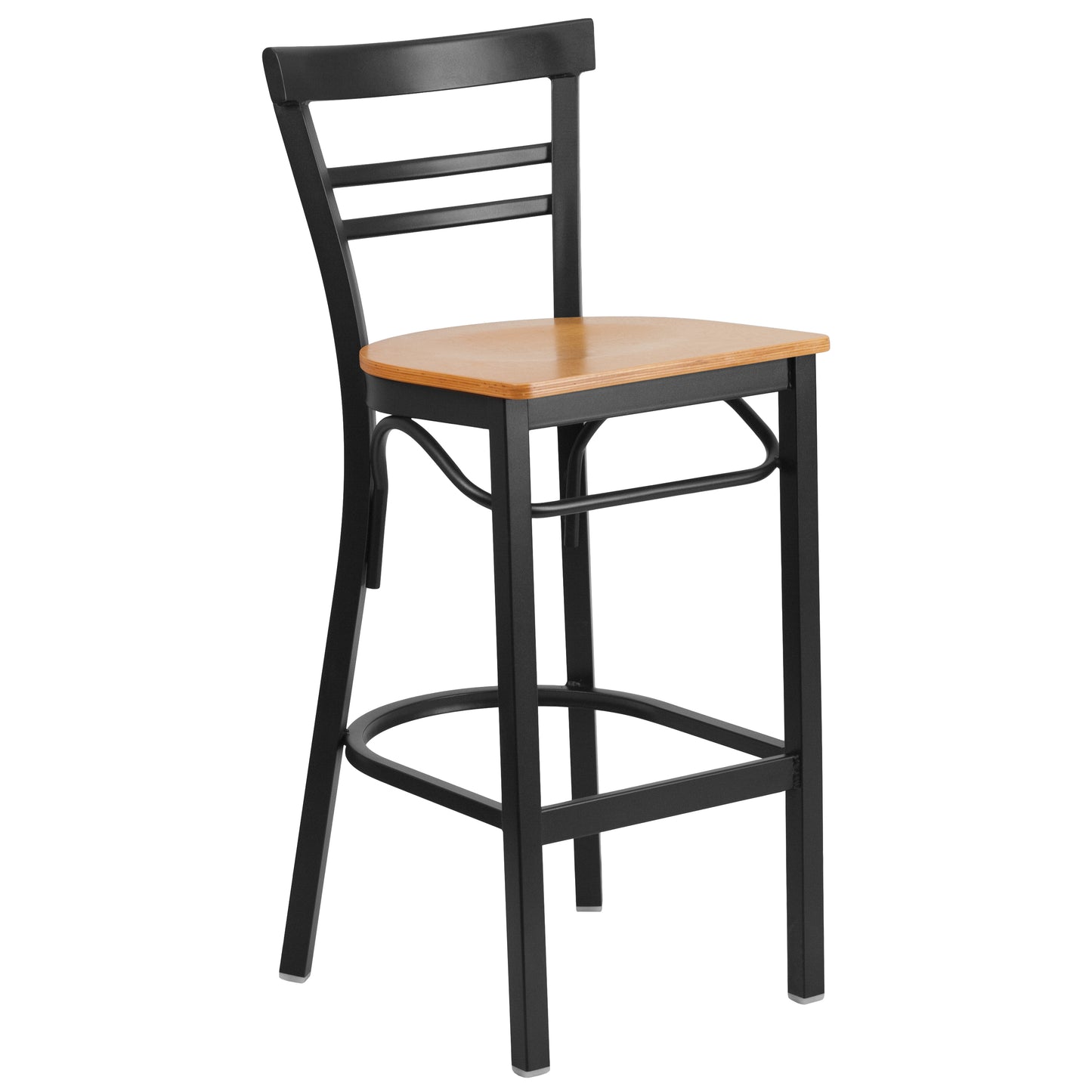 HERCULES Series Black Two-Slat Ladder Back Metal Restaurant Barstool - Natural Wood Seat Natural Wood Seat/Black Metal Frame