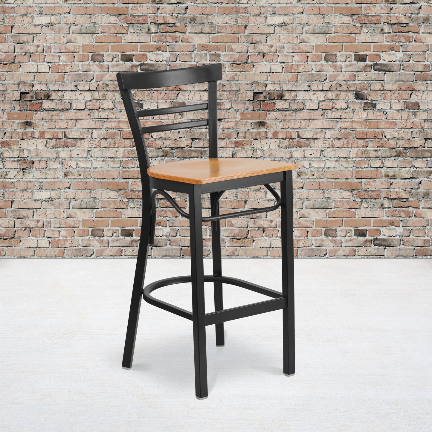 HERCULES Series Black Two-Slat Ladder Back Metal Restaurant Barstool - Natural Wood Seat Natural Wood Seat/Black Metal Frame