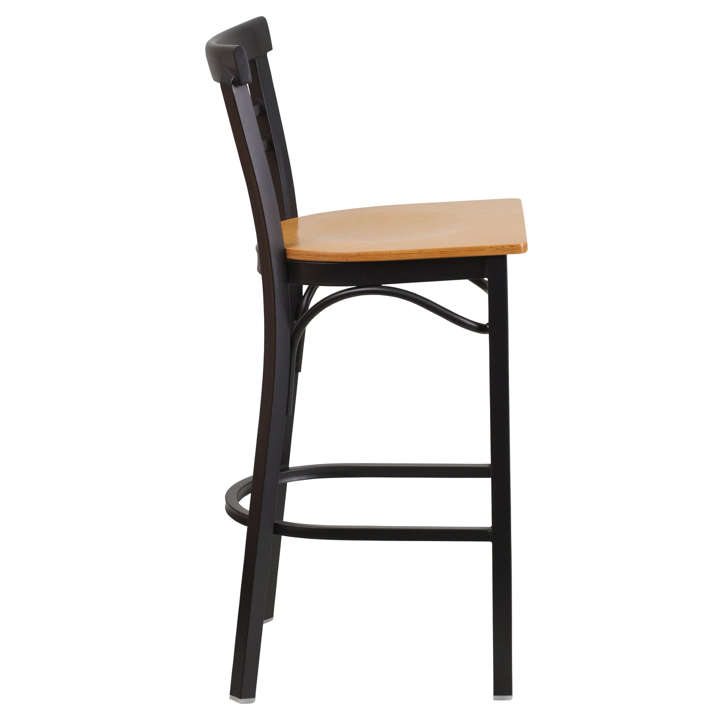 HERCULES Series Black Two-Slat Ladder Back Metal Restaurant Barstool - Natural Wood Seat Natural Wood Seat/Black Metal Frame