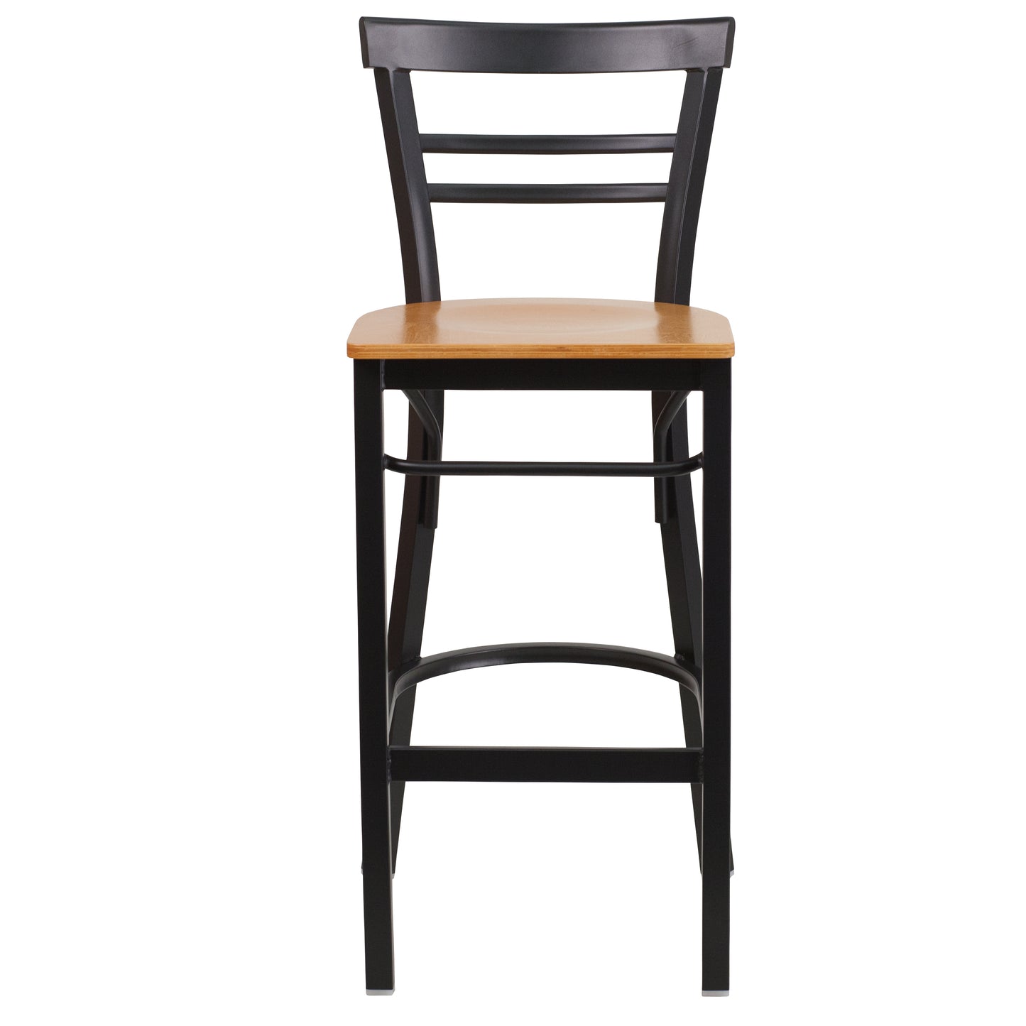 HERCULES Series Black Two-Slat Ladder Back Metal Restaurant Barstool - Natural Wood Seat Natural Wood Seat/Black Metal Frame