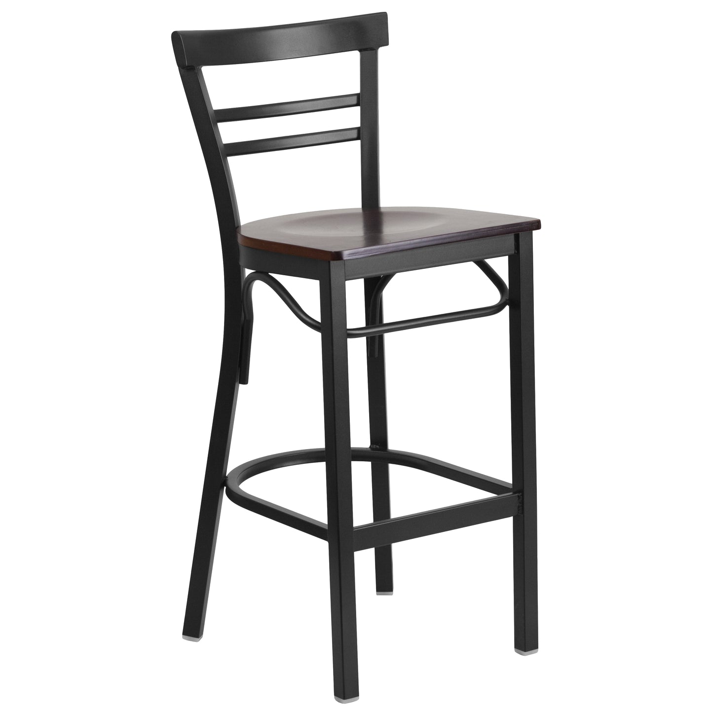 HERCULES Series Black Two-Slat Ladder Back Metal Restaurant Barstool - Walnut Wood Seat Walnut Wood Seat/Black Metal Frame