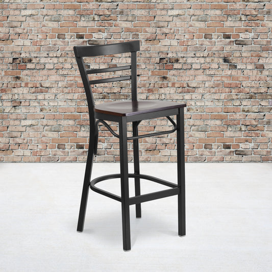 HERCULES Series Black Two-Slat Ladder Back Metal Restaurant Barstool - Walnut Wood Seat Walnut Wood Seat/Black Metal Frame