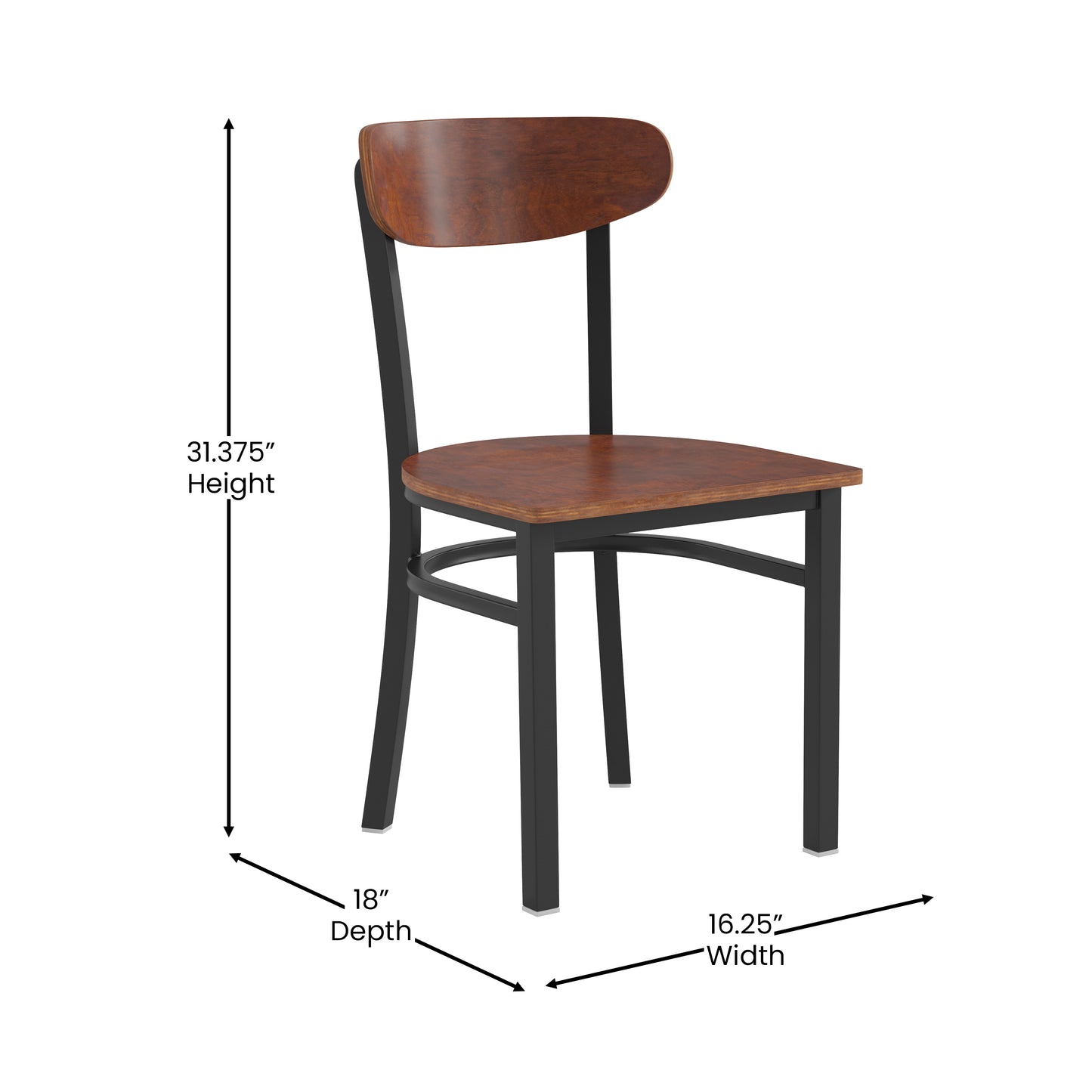 Wright Commercial Grade Dining Chair with 500 LB. Capacity Black Steel Frame, Solid Wood Seat, and Boomerang Back, Walnut Finish Walnut