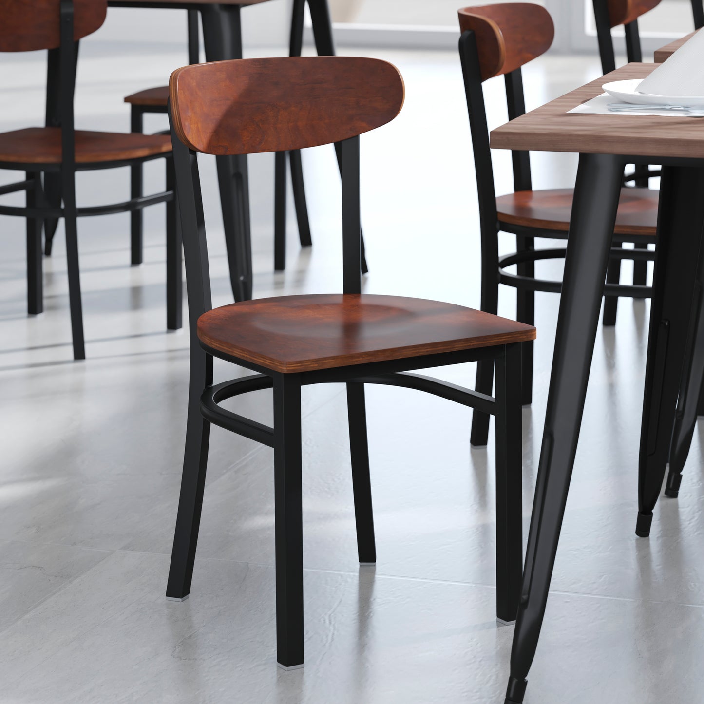 Wright Commercial Grade Dining Chair with 500 LB. Capacity Black Steel Frame, Solid Wood Seat, and Boomerang Back, Walnut Finish Walnut