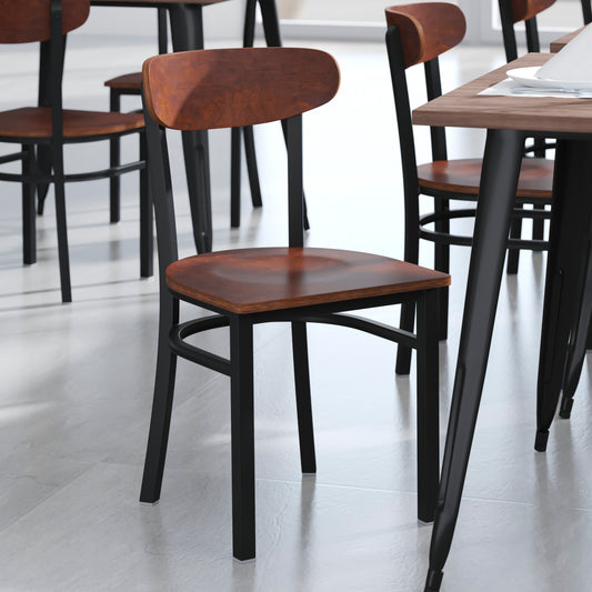Wright Commercial Grade Dining Chair with 500 LB. Capacity Black Steel Frame, Solid Wood Seat, and Boomerang Back, Walnut Finish Walnut XU-DG6V5B-WAL-GG