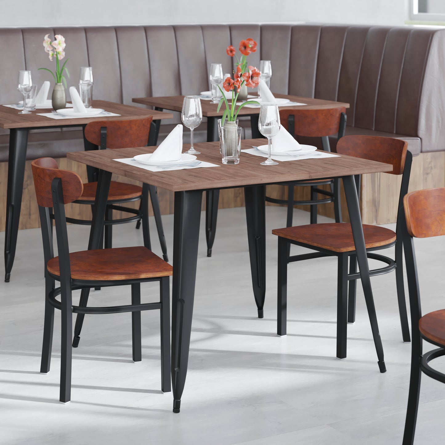 Wright Commercial Grade Dining Chair with 500 LB. Capacity Black Steel Frame, Solid Wood Seat, and Boomerang Back, Walnut Finish Walnut