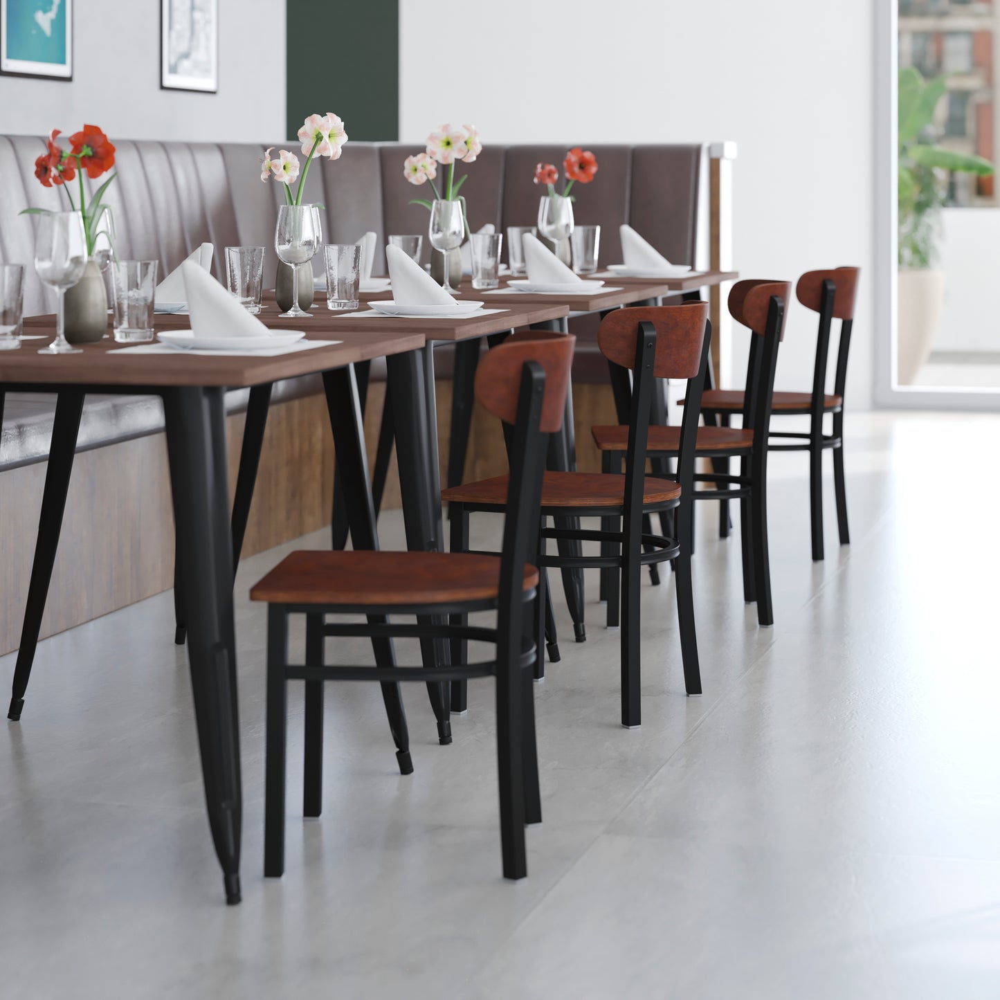 Wright Commercial Grade Dining Chair with 500 LB. Capacity Black Steel Frame, Solid Wood Seat, and Boomerang Back, Walnut Finish Walnut