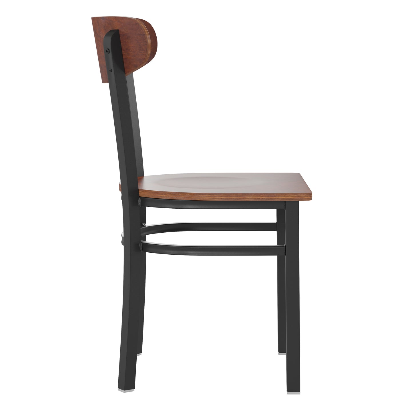 Wright Commercial Grade Dining Chair with 500 LB. Capacity Black Steel Frame, Solid Wood Seat, and Boomerang Back, Walnut Finish Walnut
