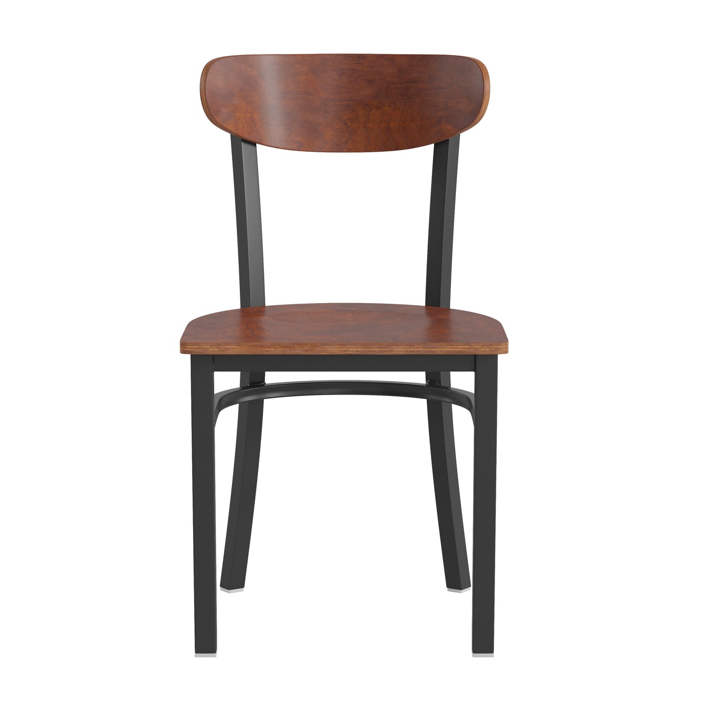 Wright Commercial Grade Dining Chair with 500 LB. Capacity Black Steel Frame, Solid Wood Seat, and Boomerang Back, Walnut Finish Walnut