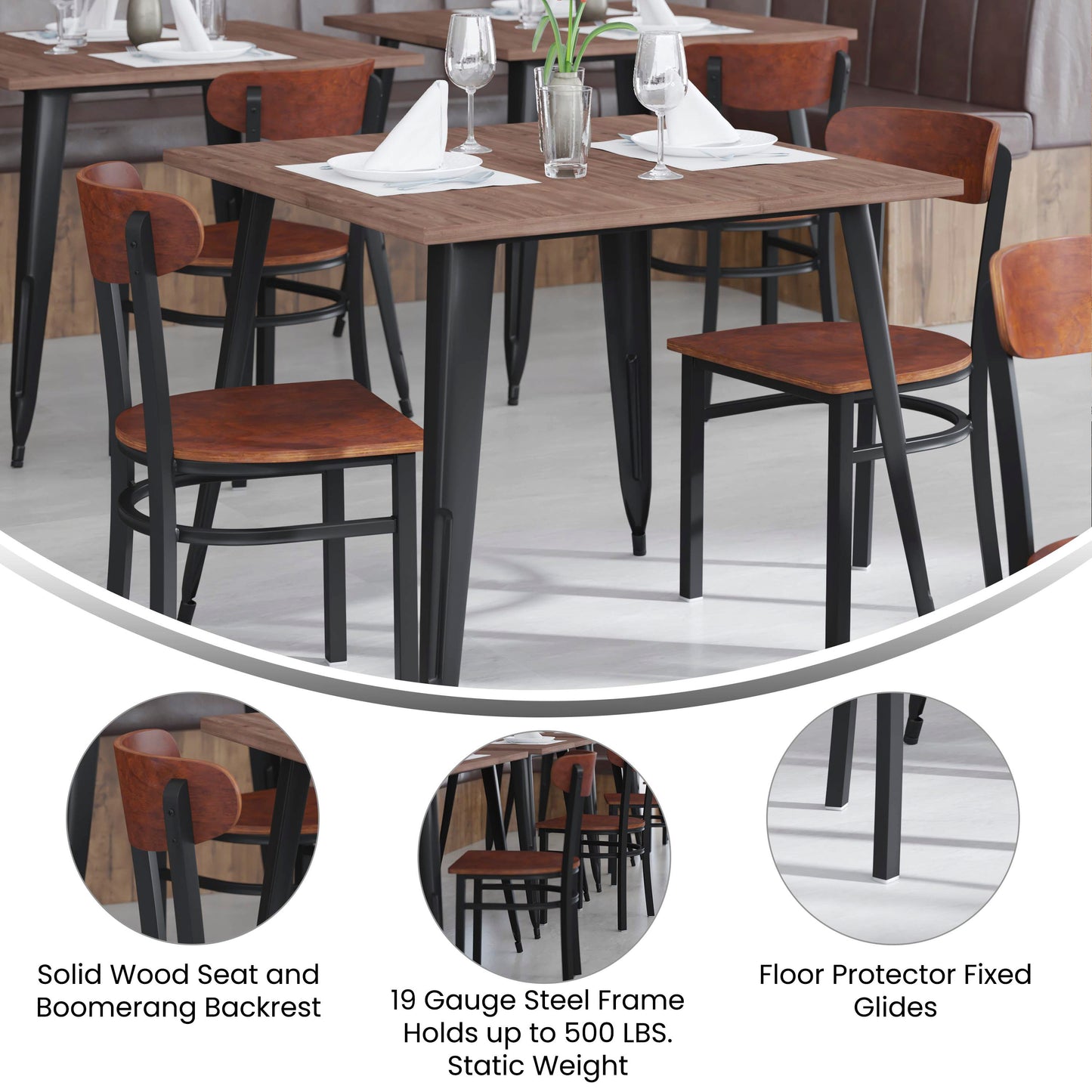 Wright Commercial Grade Dining Chair with 500 LB. Capacity Black Steel Frame, Solid Wood Seat, and Boomerang Back, Walnut Finish Walnut