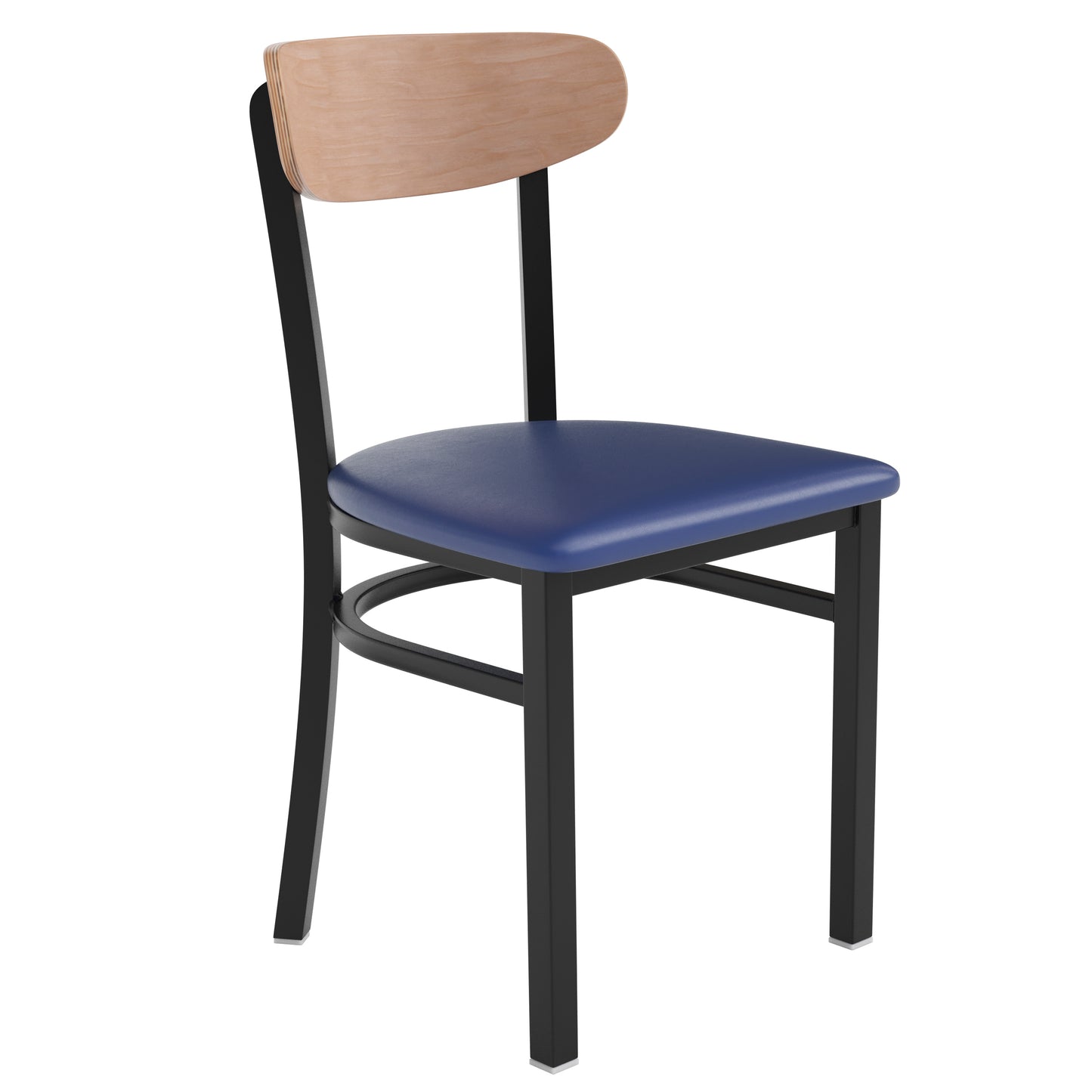 Wright Commercial Dining Chair with 500 LB. Capacity Black Steel Frame, Natural Birch Finish Wooden Boomerang Back, and Blue Vinyl Seat Natural Birch Wood Back/Blue Vinyl Seat