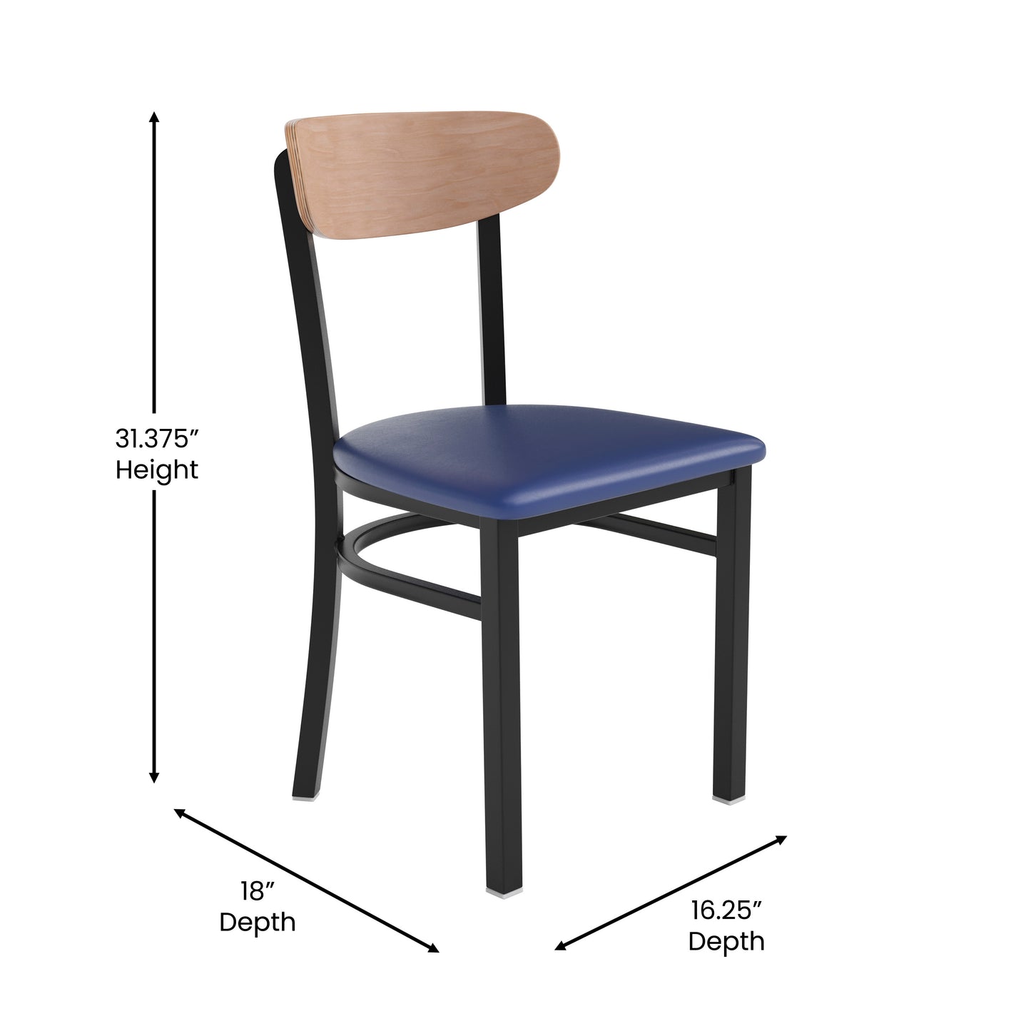 Wright Commercial Dining Chair with 500 LB. Capacity Black Steel Frame, Natural Birch Finish Wooden Boomerang Back, and Blue Vinyl Seat Natural Birch Wood Back/Blue Vinyl Seat