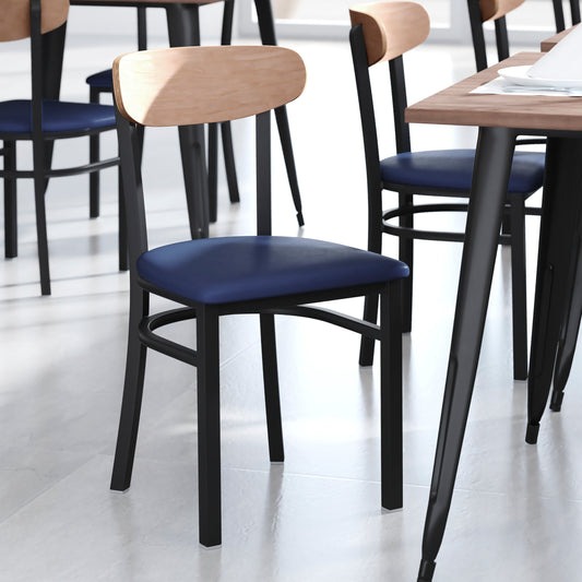 Wright Commercial Dining Chair with 500 LB. Capacity Black Steel Frame, Natural Birch Finish Wooden Boomerang Back, and Blue Vinyl Seat Natural Birch Wood Back/Blue Vinyl Seat XU-DG6V5BLV-NAT-GG
