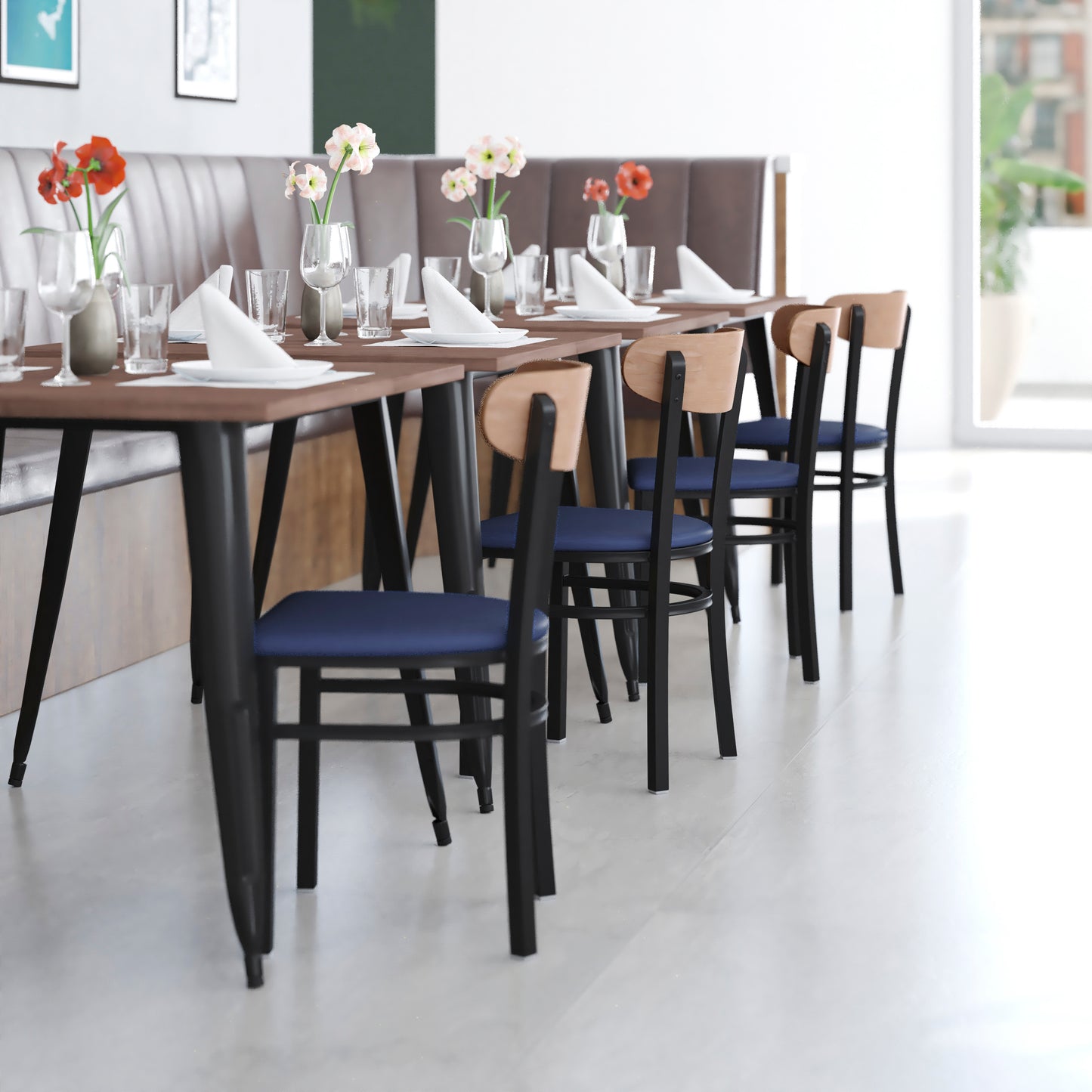 Wright Commercial Dining Chair with 500 LB. Capacity Black Steel Frame, Natural Birch Finish Wooden Boomerang Back, and Blue Vinyl Seat Natural Birch Wood Back/Blue Vinyl Seat