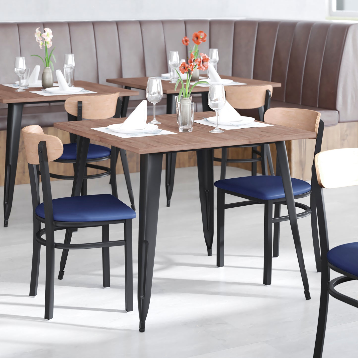 Wright Commercial Dining Chair with 500 LB. Capacity Black Steel Frame, Natural Birch Finish Wooden Boomerang Back, and Blue Vinyl Seat Natural Birch Wood Back/Blue Vinyl Seat