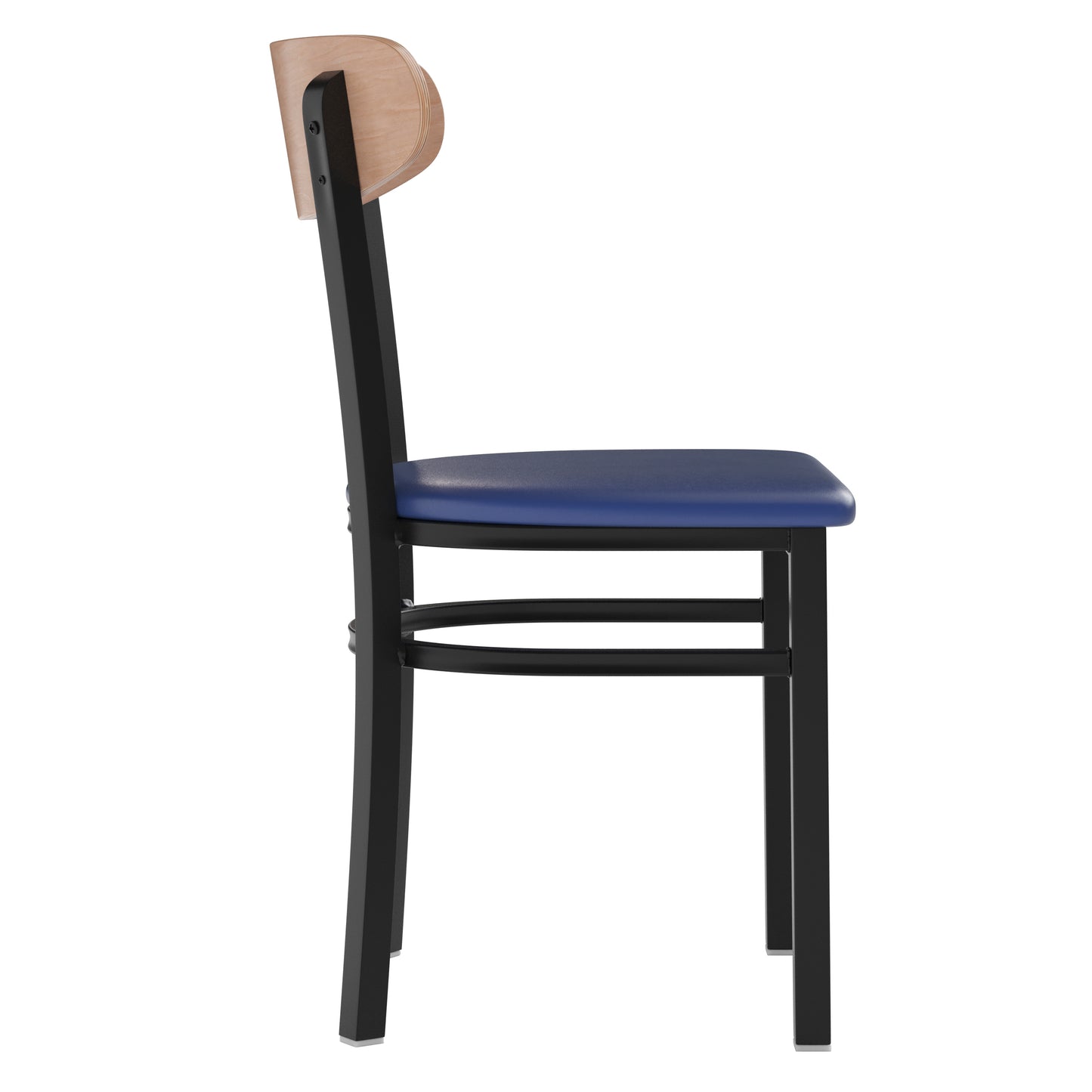 Wright Commercial Dining Chair with 500 LB. Capacity Black Steel Frame, Natural Birch Finish Wooden Boomerang Back, and Blue Vinyl Seat Natural Birch Wood Back/Blue Vinyl Seat