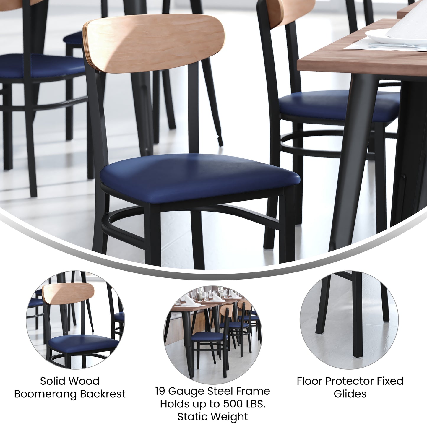 Wright Commercial Dining Chair with 500 LB. Capacity Black Steel Frame, Natural Birch Finish Wooden Boomerang Back, and Blue Vinyl Seat Natural Birch Wood Back/Blue Vinyl Seat