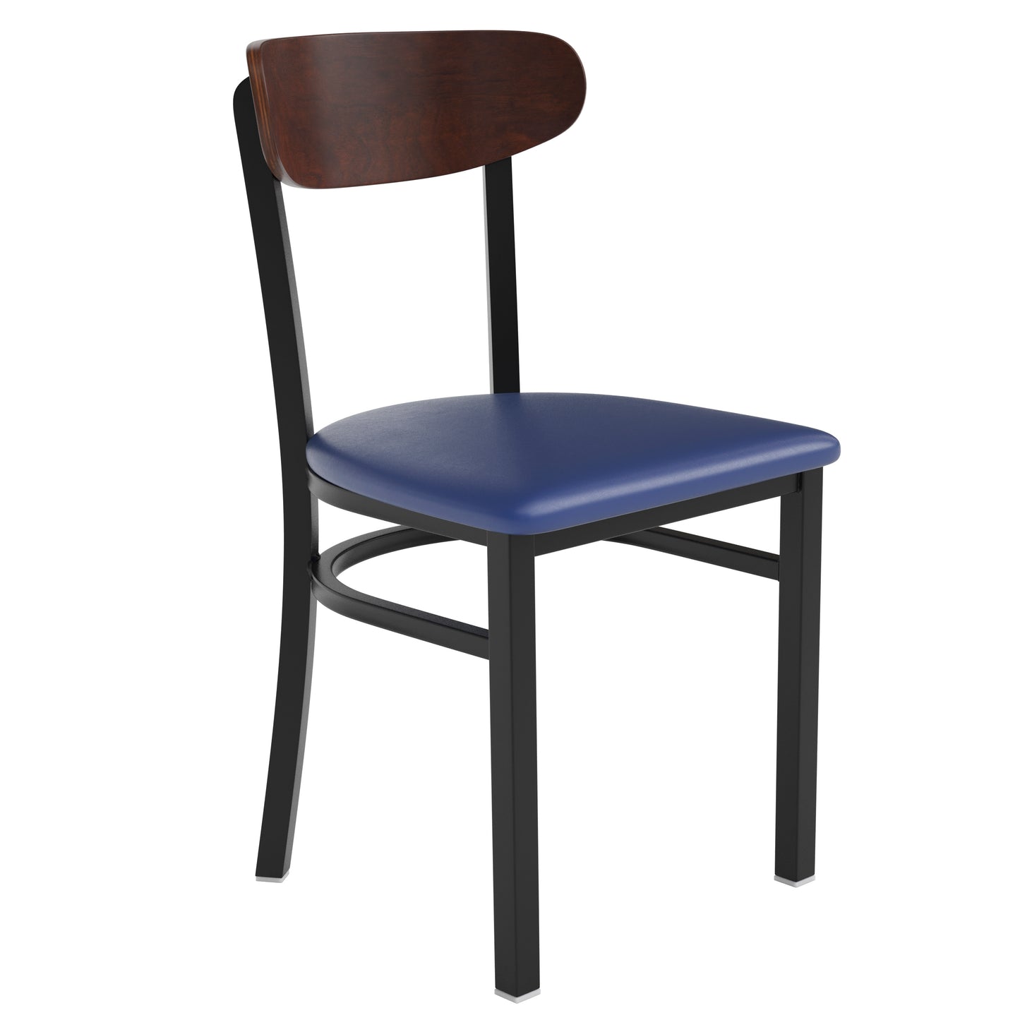 Wright Commercial Dining Chair with 500 LB. Capacity Black Steel Frame, Walnut Finish Wooden Boomerang Back, and Blue Vinyl Seat Walnut Wood Back/Blue Vinyl Seat