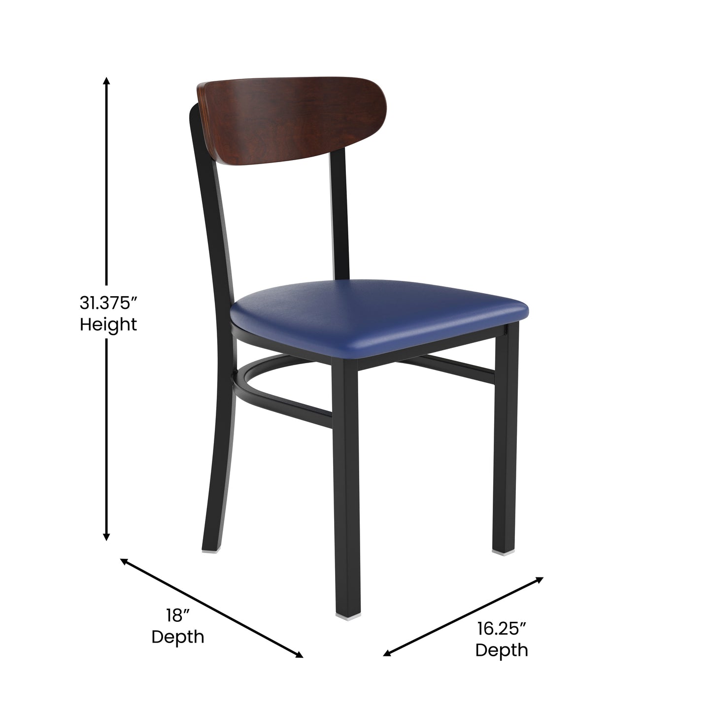 Wright Commercial Dining Chair with 500 LB. Capacity Black Steel Frame, Walnut Finish Wooden Boomerang Back, and Blue Vinyl Seat Walnut Wood Back/Blue Vinyl Seat