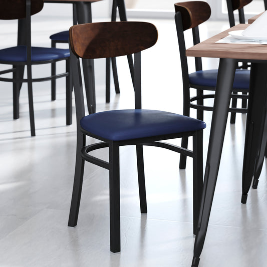 Wright Commercial Dining Chair with 500 LB. Capacity Black Steel Frame, Walnut Finish Wooden Boomerang Back, and Blue Vinyl Seat Walnut Wood Back/Blue Vinyl Seat XU-DG6V5BLV-WAL-GG