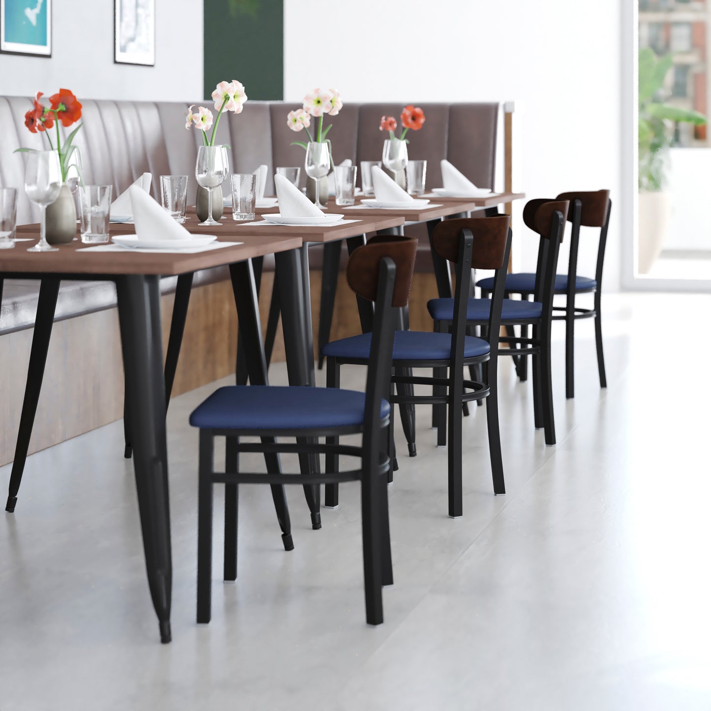 Wright Commercial Dining Chair with 500 LB. Capacity Black Steel Frame, Walnut Finish Wooden Boomerang Back, and Blue Vinyl Seat Walnut Wood Back/Blue Vinyl Seat