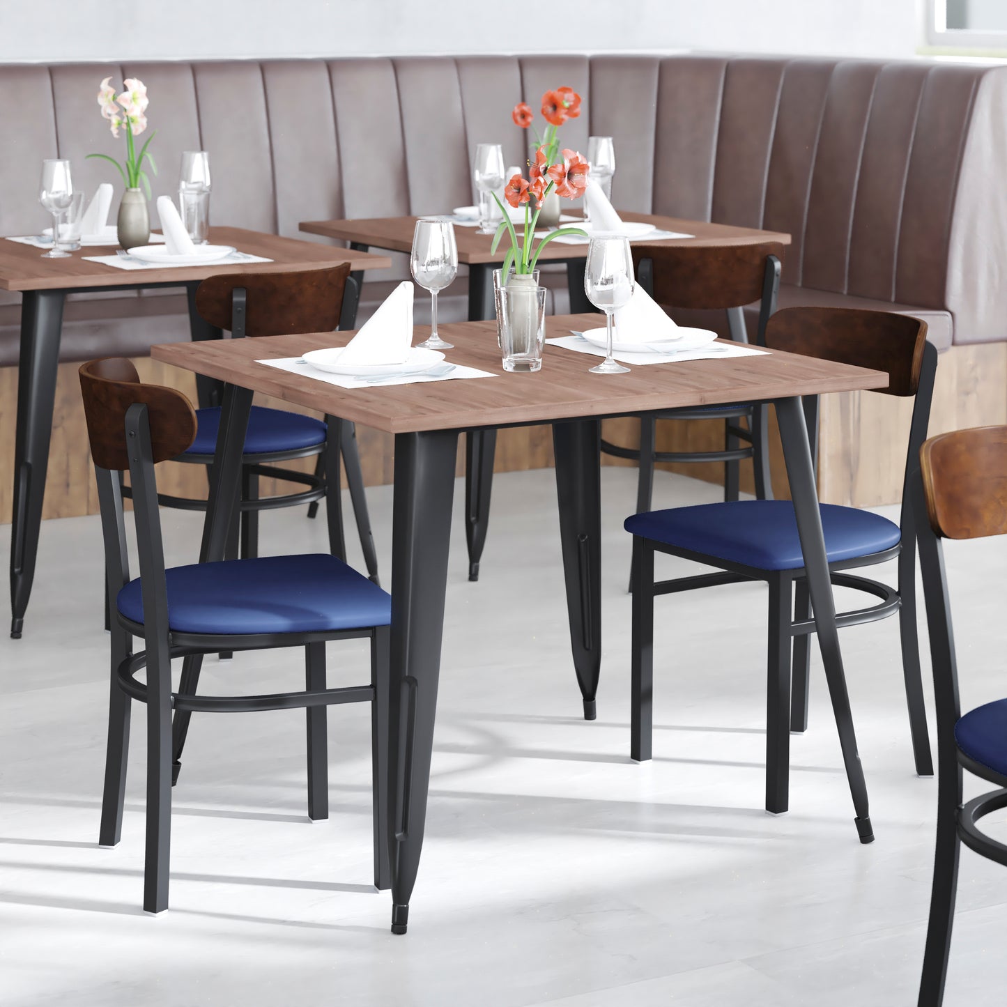 Wright Commercial Dining Chair with 500 LB. Capacity Black Steel Frame, Walnut Finish Wooden Boomerang Back, and Blue Vinyl Seat Walnut Wood Back/Blue Vinyl Seat