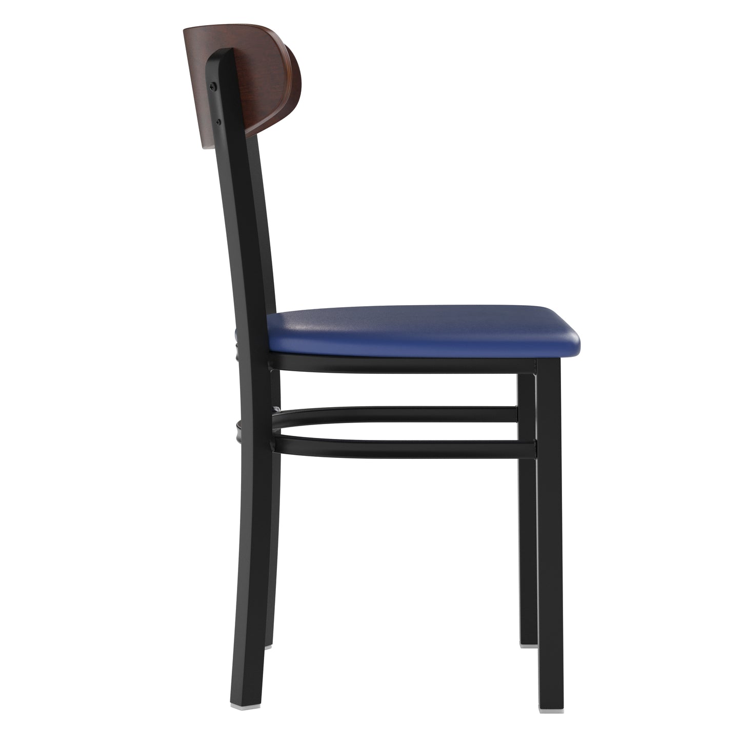 Wright Commercial Dining Chair with 500 LB. Capacity Black Steel Frame, Walnut Finish Wooden Boomerang Back, and Blue Vinyl Seat Walnut Wood Back/Blue Vinyl Seat