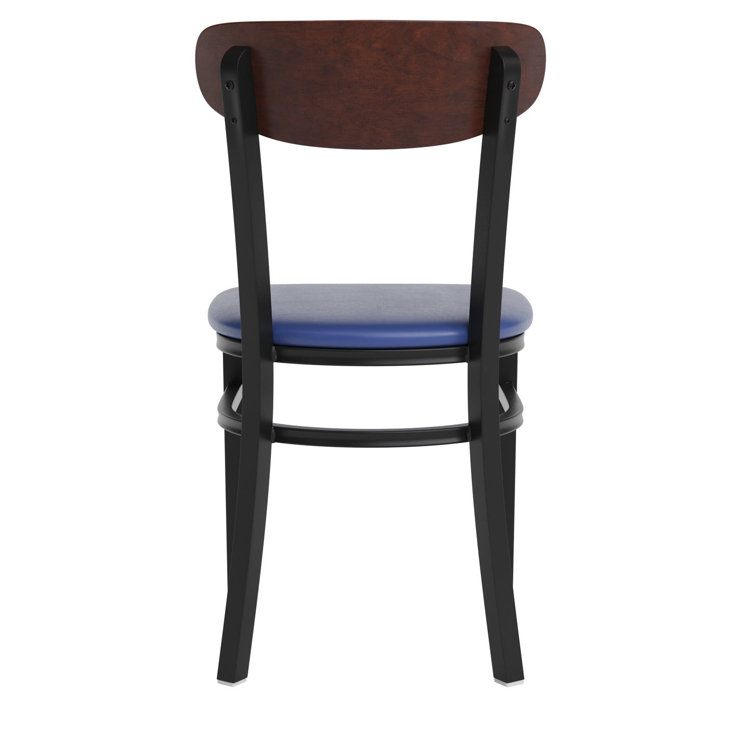 Wright Commercial Dining Chair with 500 LB. Capacity Black Steel Frame, Walnut Finish Wooden Boomerang Back, and Blue Vinyl Seat Walnut Wood Back/Blue Vinyl Seat