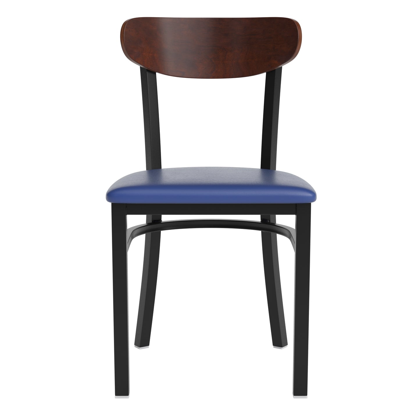 Wright Commercial Dining Chair with 500 LB. Capacity Black Steel Frame, Walnut Finish Wooden Boomerang Back, and Blue Vinyl Seat Walnut Wood Back/Blue Vinyl Seat