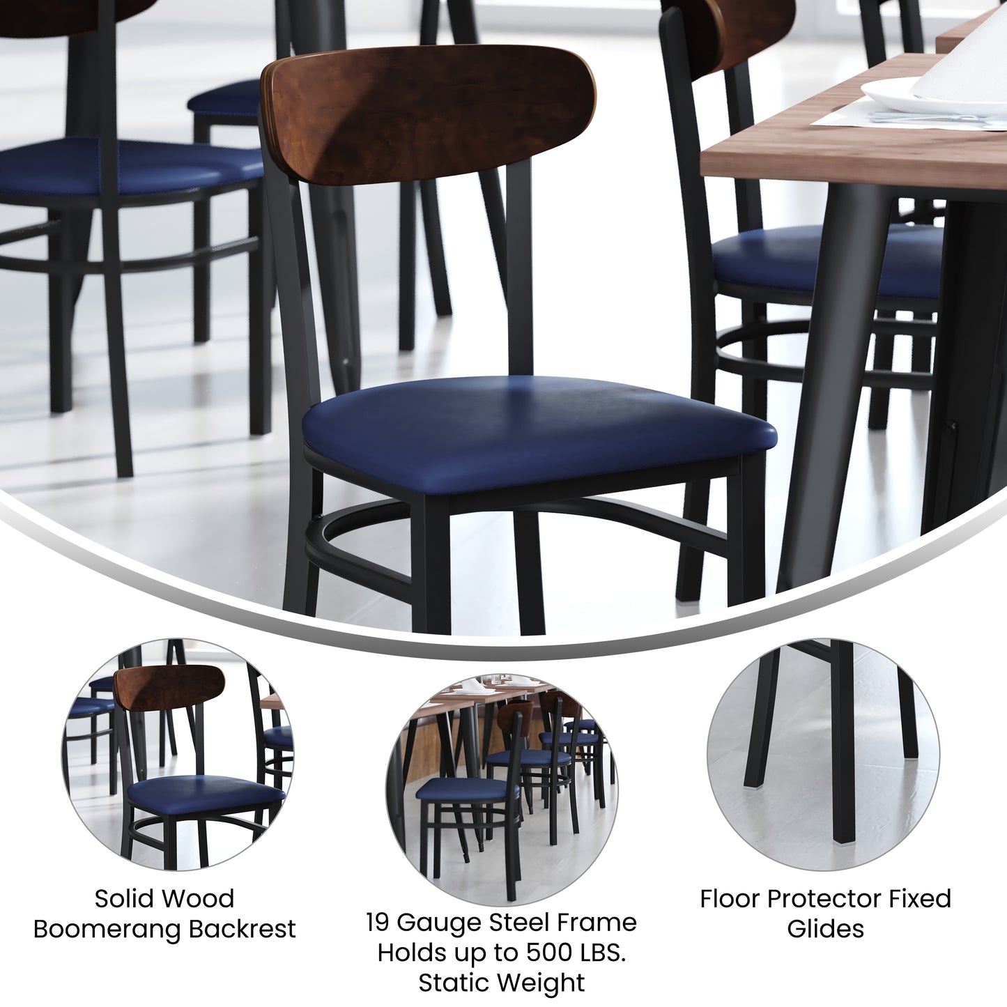 Wright Commercial Dining Chair with 500 LB. Capacity Black Steel Frame, Walnut Finish Wooden Boomerang Back, and Blue Vinyl Seat Walnut Wood Back/Blue Vinyl Seat