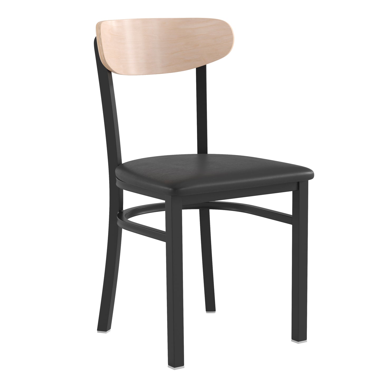 Wright Commercial Dining Chair with 500 LB. Capacity Black Steel Frame, Natural Birch Finish Wooden Boomerang Back, and Black Vinyl Seat Natural Birch Wood Back/Black Vinyl Seat