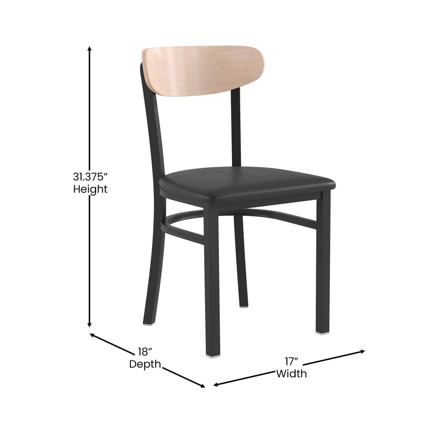 Wright Commercial Dining Chair with 500 LB. Capacity Black Steel Frame, Natural Birch Finish Wooden Boomerang Back, and Black Vinyl Seat Natural Birch Wood Back/Black Vinyl Seat