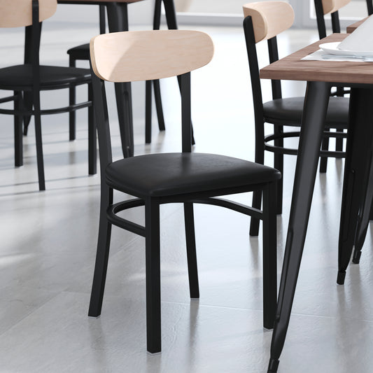 Wright Commercial Dining Chair with 500 LB. Capacity Black Steel Frame, Natural Birch Finish Wooden Boomerang Back, and Black Vinyl Seat Natural Birch Wood Back/Black Vinyl Seat XU-DG6V5BV-NAT-GG
