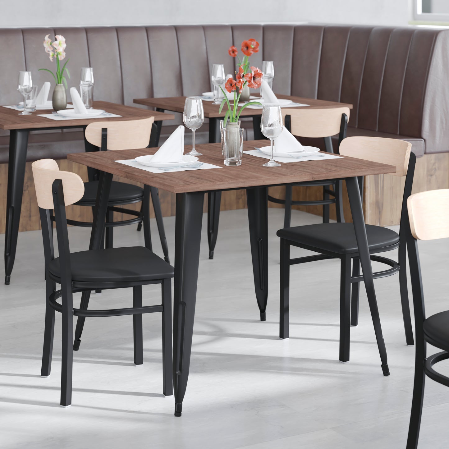 Wright Commercial Dining Chair with 500 LB. Capacity Black Steel Frame, Natural Birch Finish Wooden Boomerang Back, and Black Vinyl Seat Natural Birch Wood Back/Black Vinyl Seat
