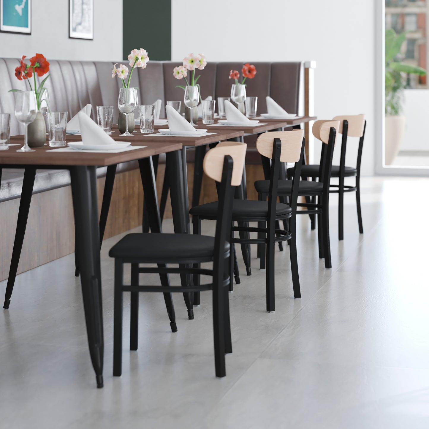 Wright Commercial Dining Chair with 500 LB. Capacity Black Steel Frame, Natural Birch Finish Wooden Boomerang Back, and Black Vinyl Seat Natural Birch Wood Back/Black Vinyl Seat