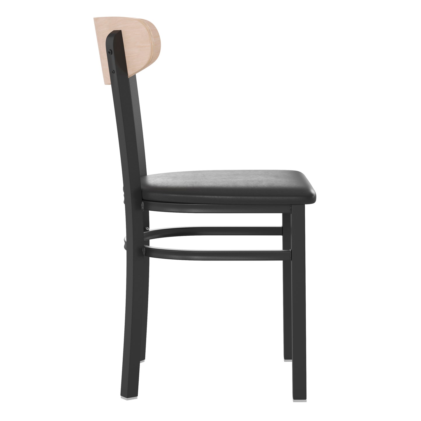 Wright Commercial Dining Chair with 500 LB. Capacity Black Steel Frame, Natural Birch Finish Wooden Boomerang Back, and Black Vinyl Seat Natural Birch Wood Back/Black Vinyl Seat