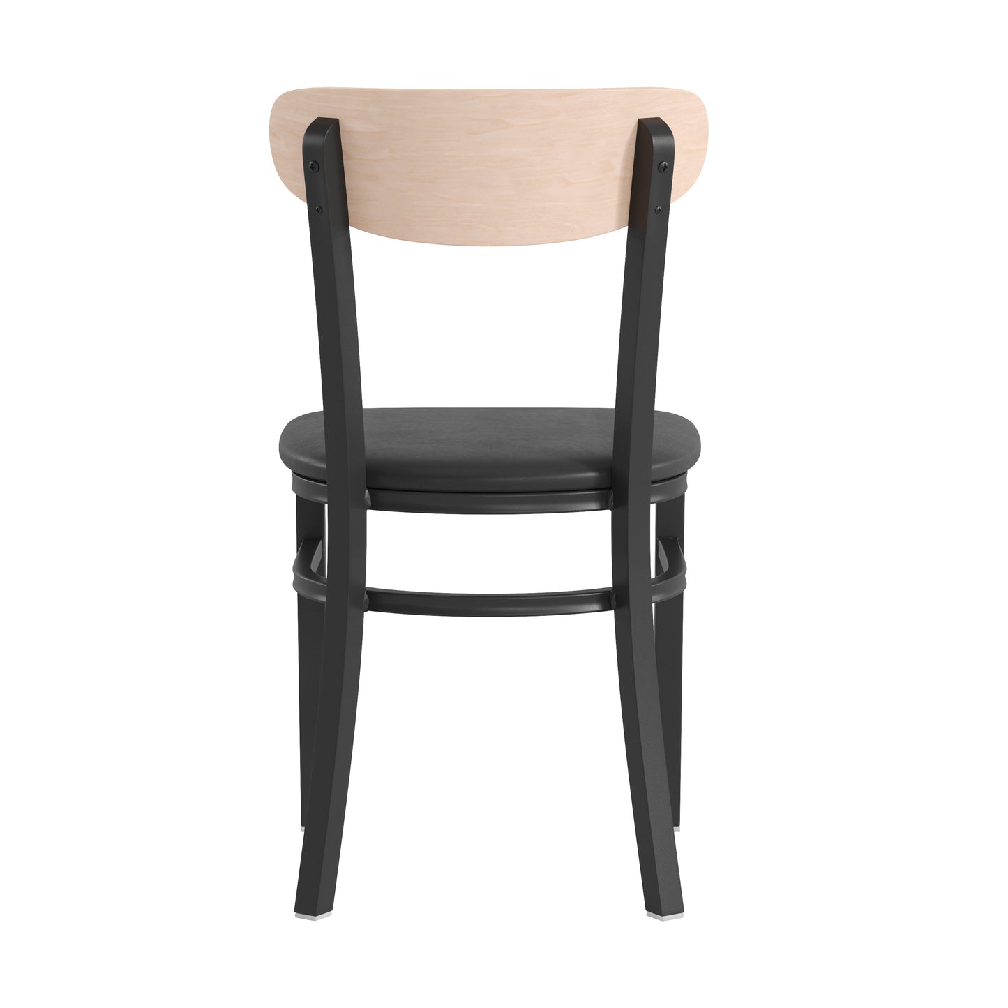 Wright Commercial Dining Chair with 500 LB. Capacity Black Steel Frame, Natural Birch Finish Wooden Boomerang Back, and Black Vinyl Seat Natural Birch Wood Back/Black Vinyl Seat