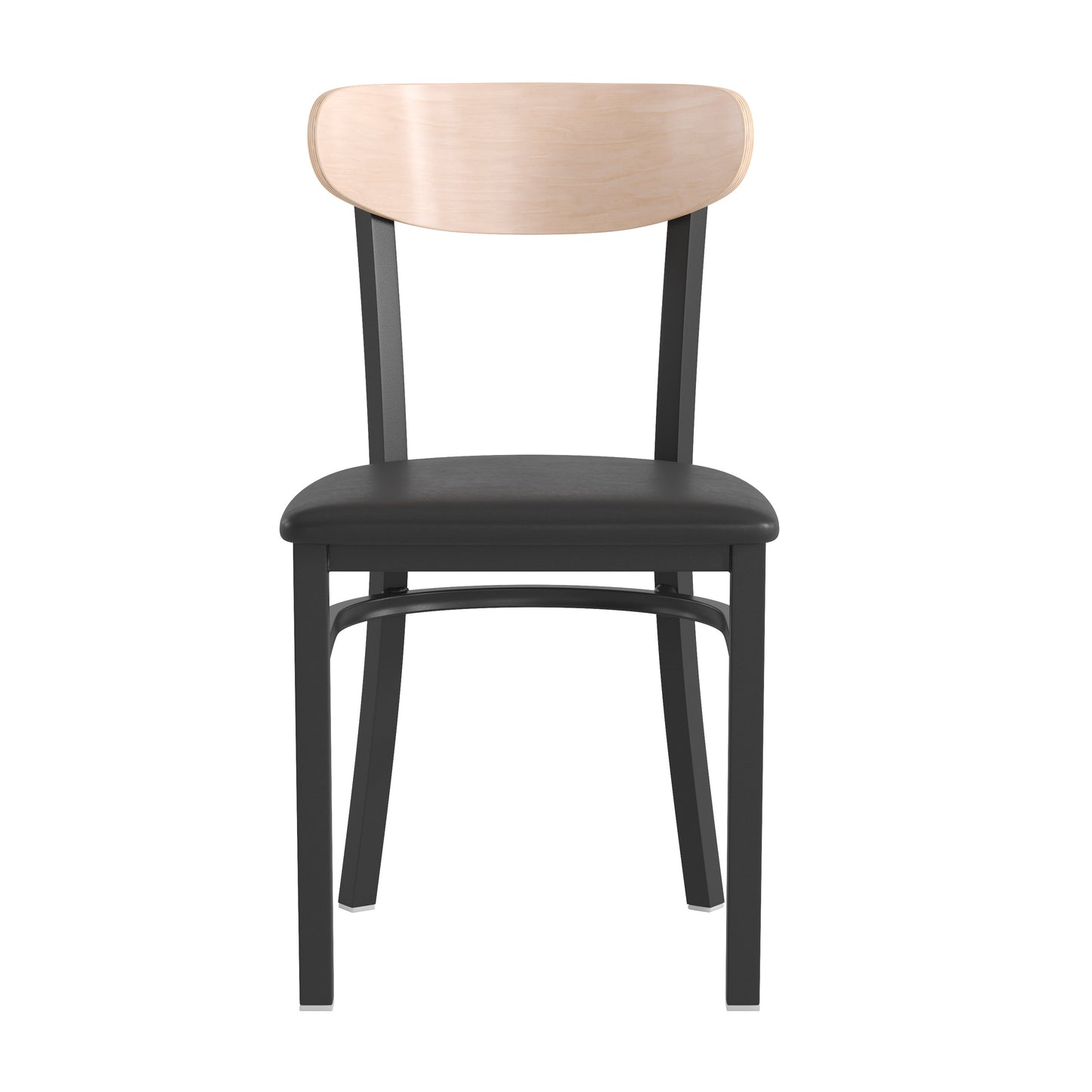 Wright Commercial Dining Chair with 500 LB. Capacity Black Steel Frame, Natural Birch Finish Wooden Boomerang Back, and Black Vinyl Seat Natural Birch Wood Back/Black Vinyl Seat