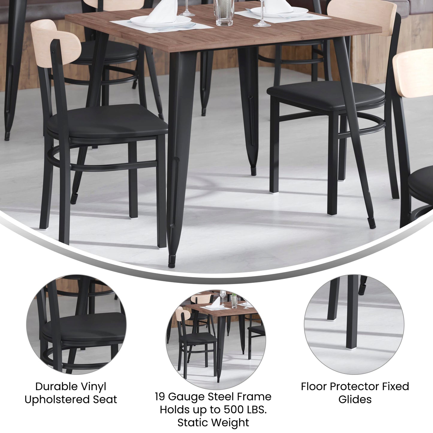 Wright Commercial Dining Chair with 500 LB. Capacity Black Steel Frame, Natural Birch Finish Wooden Boomerang Back, and Black Vinyl Seat Natural Birch Wood Back/Black Vinyl Seat