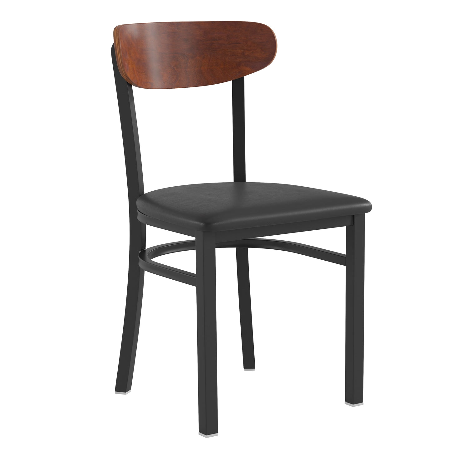 Wright Commercial Dining Chair with 500 LB. Capacity Black Steel Frame, Walnut Finish Wooden Boomerang Back, and Black Vinyl Seat Walnut Wood Back/Black Vinyl Seat