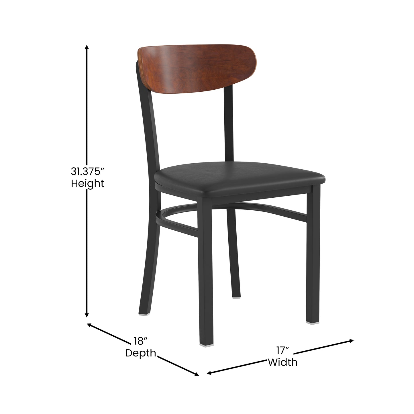 Wright Commercial Dining Chair with 500 LB. Capacity Black Steel Frame, Walnut Finish Wooden Boomerang Back, and Black Vinyl Seat Walnut Wood Back/Black Vinyl Seat