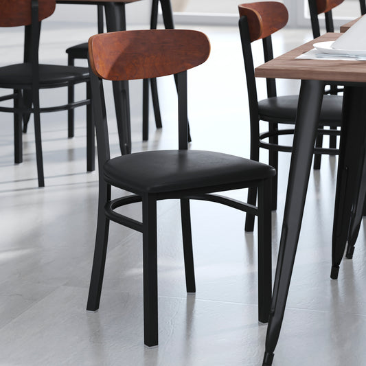 Wright Commercial Dining Chair with 500 LB. Capacity Black Steel Frame, Walnut Finish Wooden Boomerang Back, and Black Vinyl Seat Walnut Wood Back/Black Vinyl Seat XU-DG6V5BV-WAL-GG