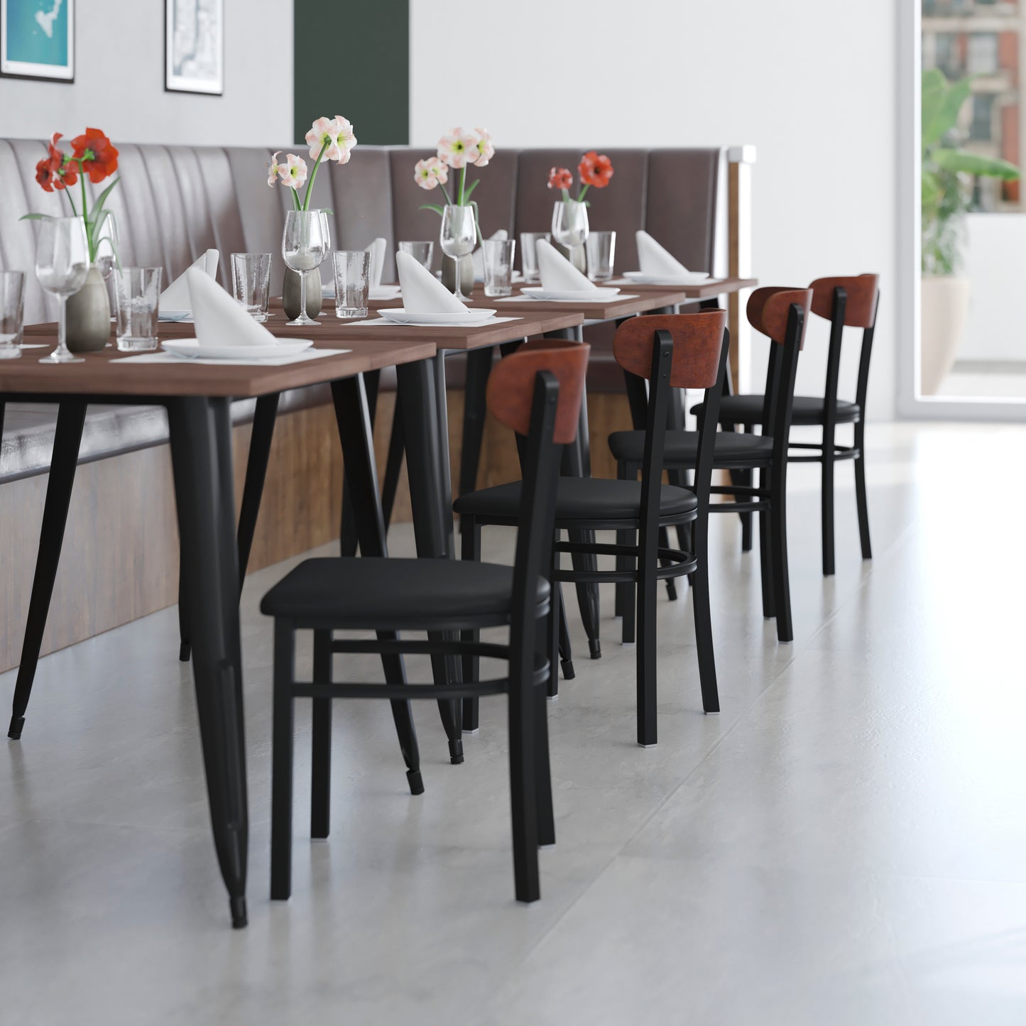 Wright Commercial Dining Chair with 500 LB. Capacity Black Steel Frame, Walnut Finish Wooden Boomerang Back, and Black Vinyl Seat Walnut Wood Back/Black Vinyl Seat