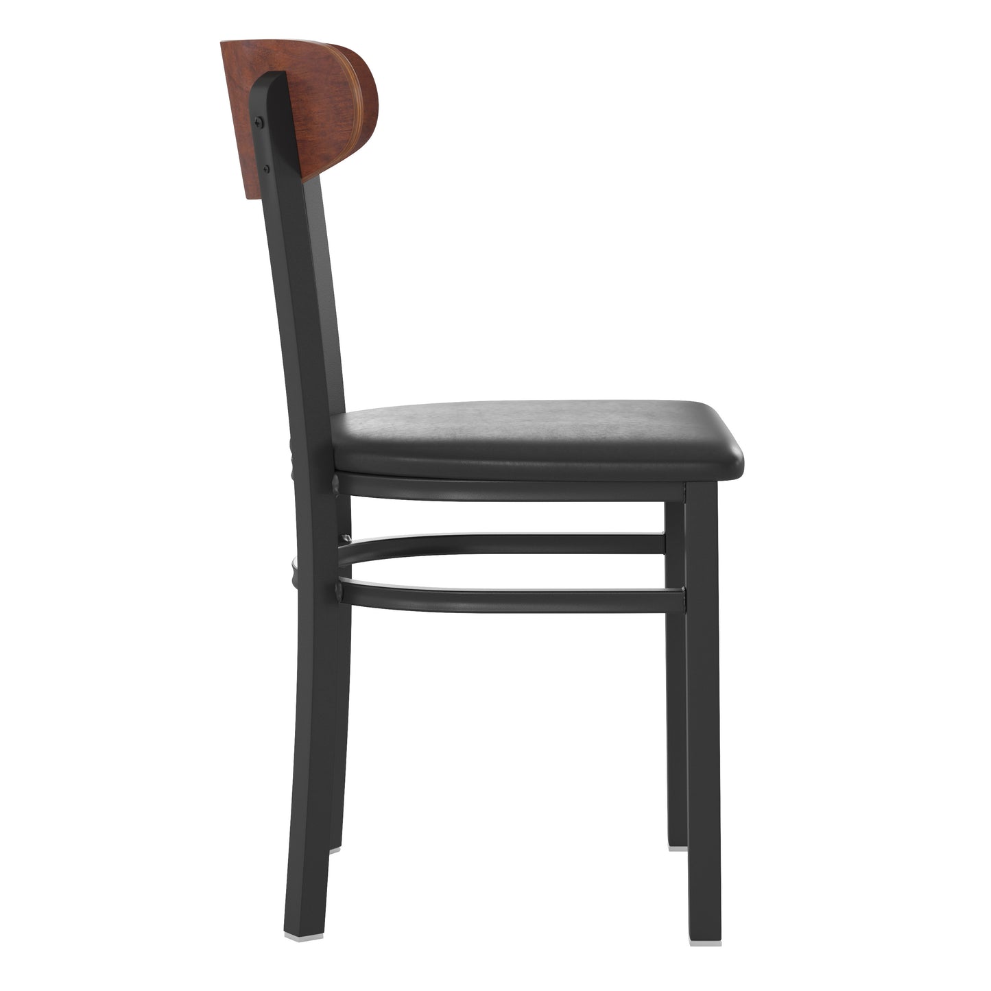 Wright Commercial Dining Chair with 500 LB. Capacity Black Steel Frame, Walnut Finish Wooden Boomerang Back, and Black Vinyl Seat Walnut Wood Back/Black Vinyl Seat