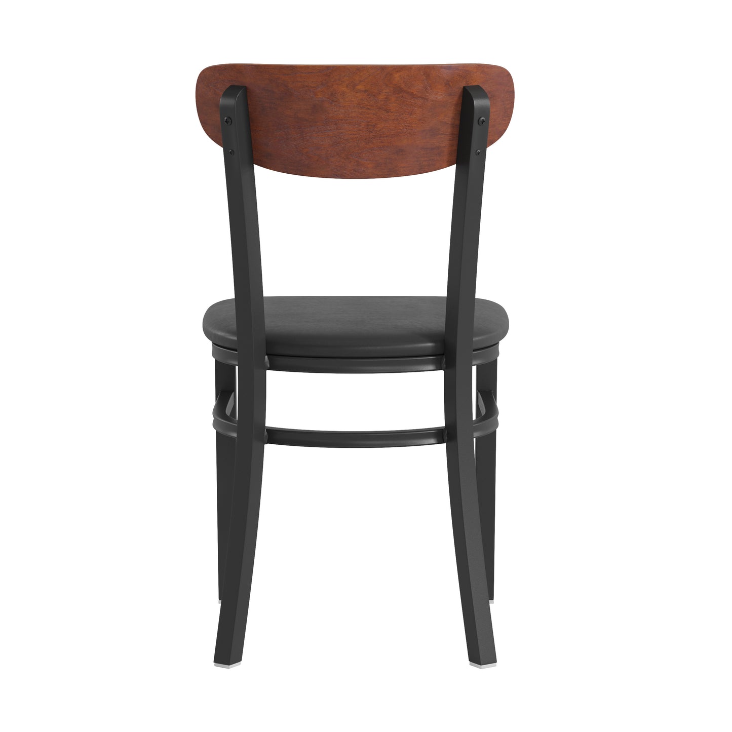 Wright Commercial Dining Chair with 500 LB. Capacity Black Steel Frame, Walnut Finish Wooden Boomerang Back, and Black Vinyl Seat Walnut Wood Back/Black Vinyl Seat