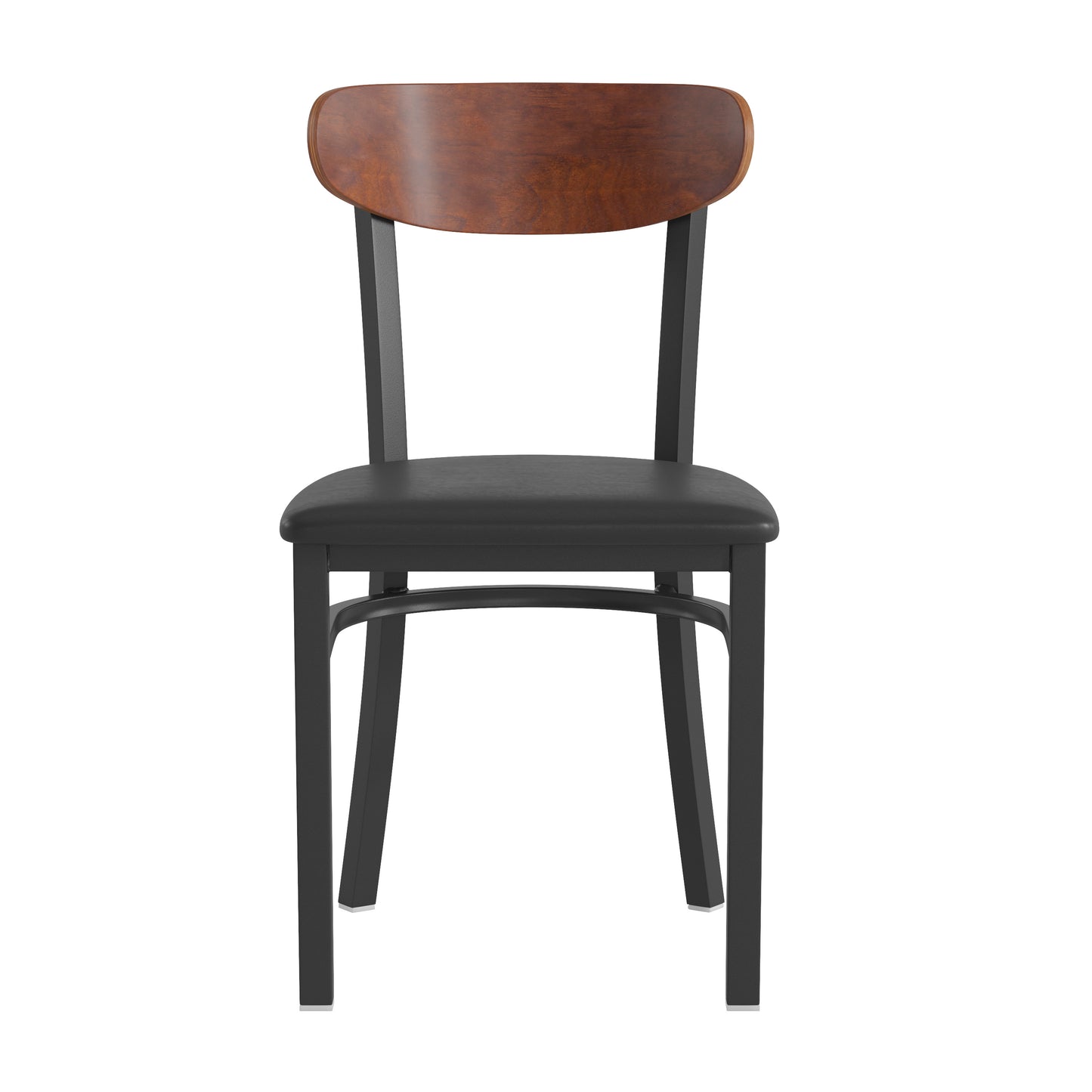 Wright Commercial Dining Chair with 500 LB. Capacity Black Steel Frame, Walnut Finish Wooden Boomerang Back, and Black Vinyl Seat Walnut Wood Back/Black Vinyl Seat